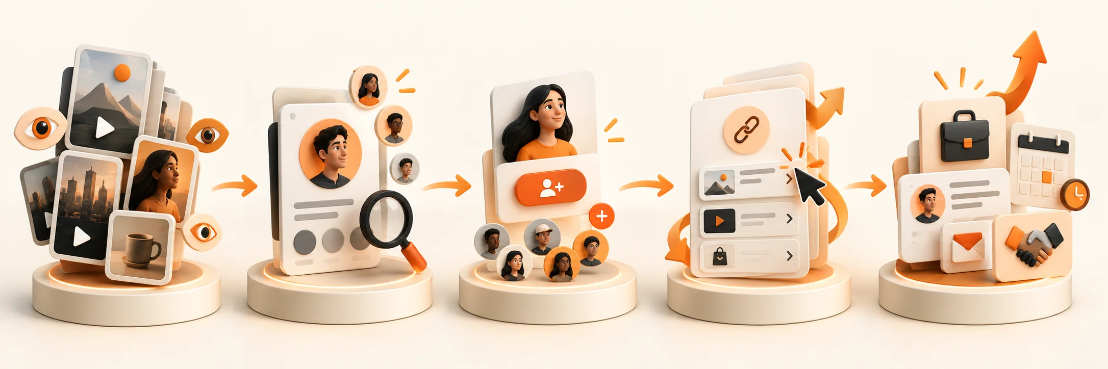 Five-stage illustration showing content thumbnails, a profile being searched, a profile gaining follows, a content list being clicked, and the resulting business opportunities